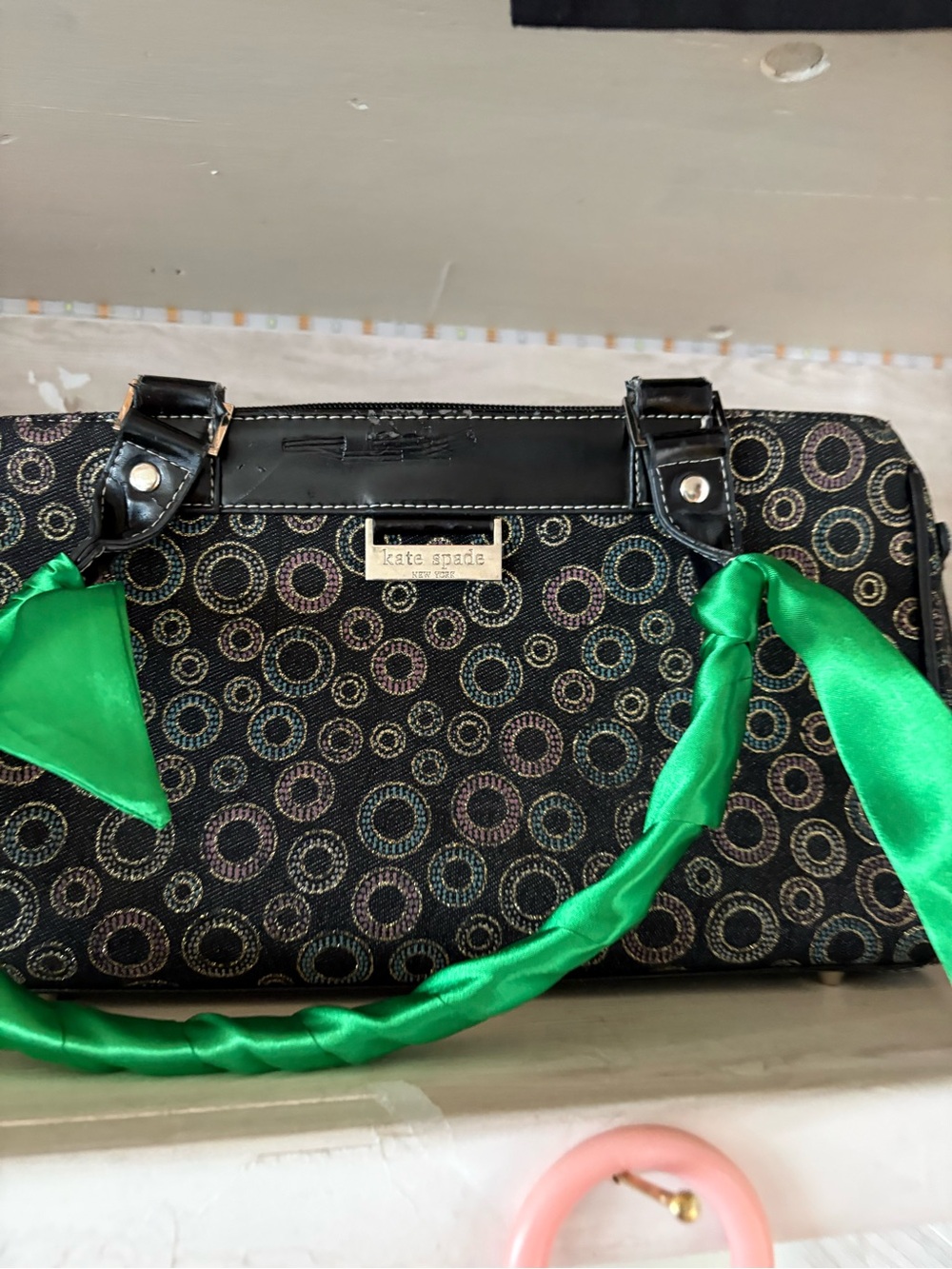 kate spade Black Circular Pattern Shoulder Bag with Green Scarf Accent